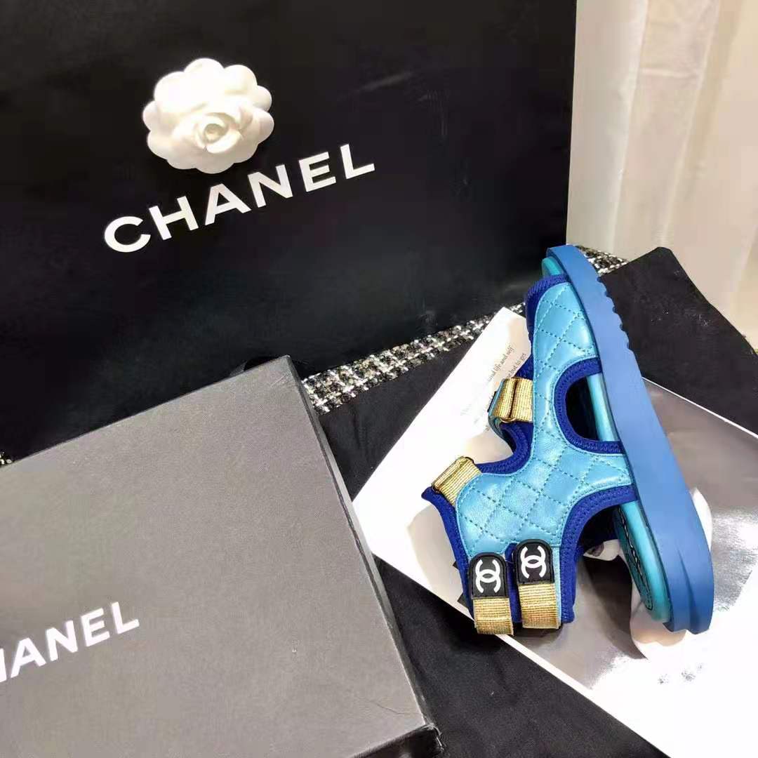 Chanel Women Sandals Goatskin Fabric & TPU Blue Dark Blue & Black