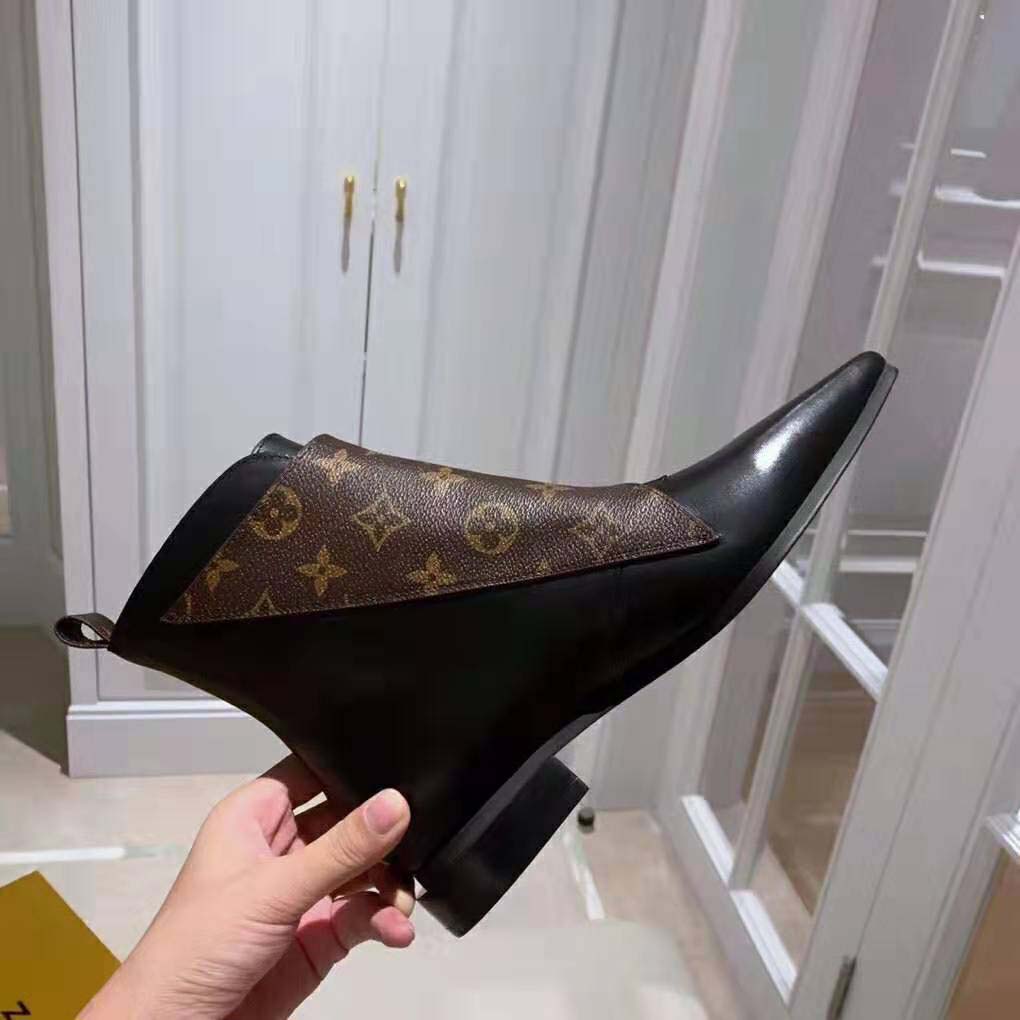 Louis Vuitton LV Women Jumble Flat Ankle Boot in Calf Leather and Patent Monogram Canvas-Black