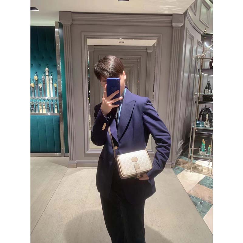 Gucci Unisex Mini Shoulder Bag Interlocking G Beige White GG Supreme Canvas