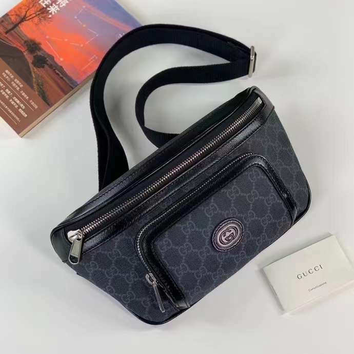 Gucci Unisex GG Large Belt Bag Black GG Supreme Canvas Leather Oval Interlocking G