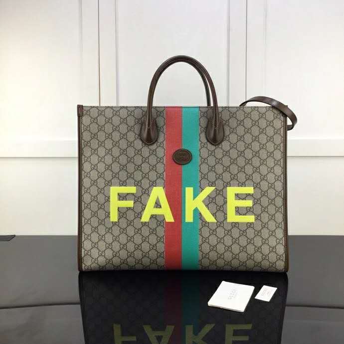 Gucci Unisex ‘Fake/Not’ Print Large Tote Bag GG Supreme Canvas