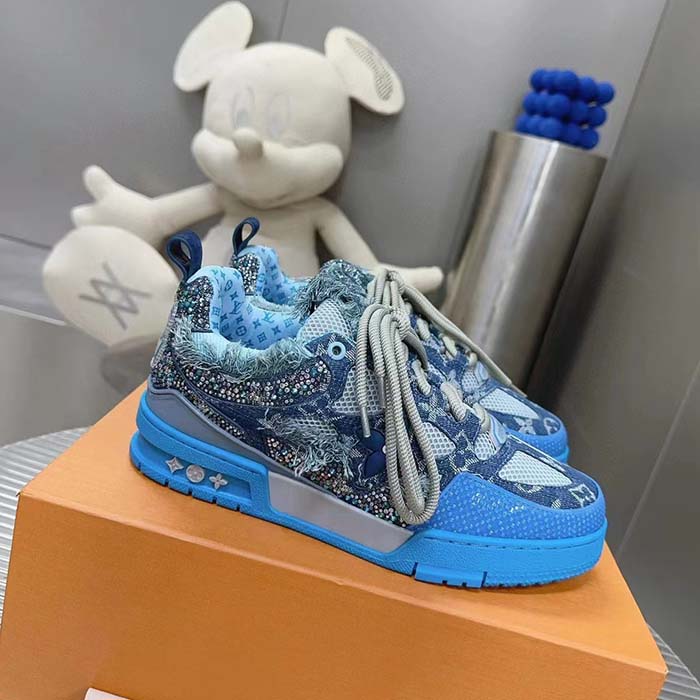 Louis Vuitton Unisex LV Skate Sneaker Blue Swarovski Crystals Monogram Denim Double Laces Rubber