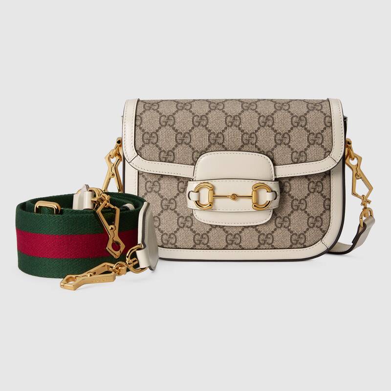 Gucci Women Horsebit 1955 Mini Bag Beige and Ebony GG Supreme Canvas