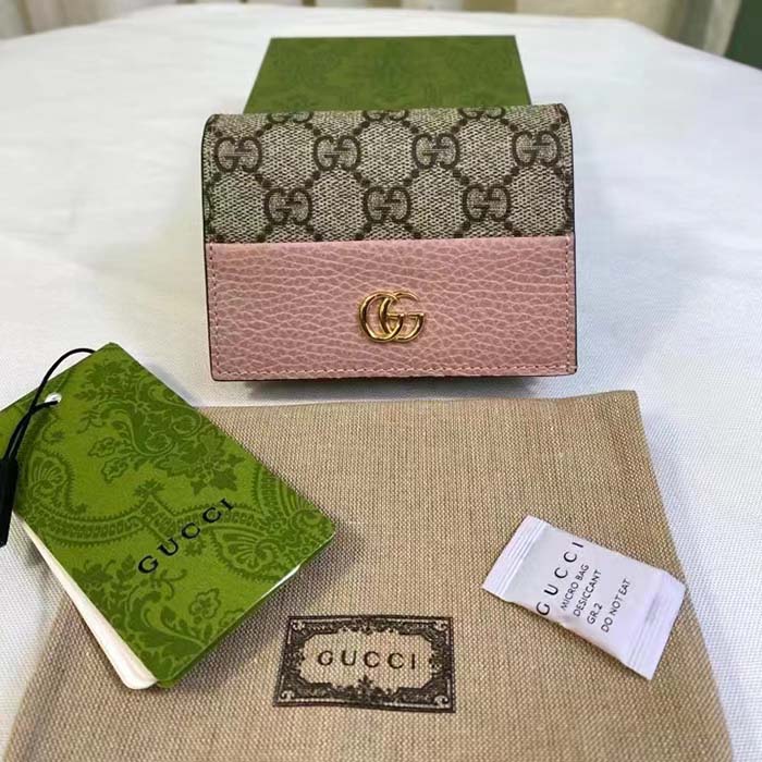 Gucci Women GG Marmont Card Case Wallet Pink Double G Beige Ebony Supreme Canvas