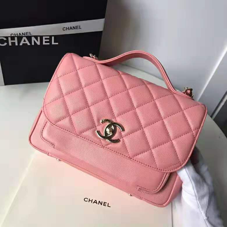 Chanel Women Flap Bag with Top Handle in Grained Calfskin Leather-Pink