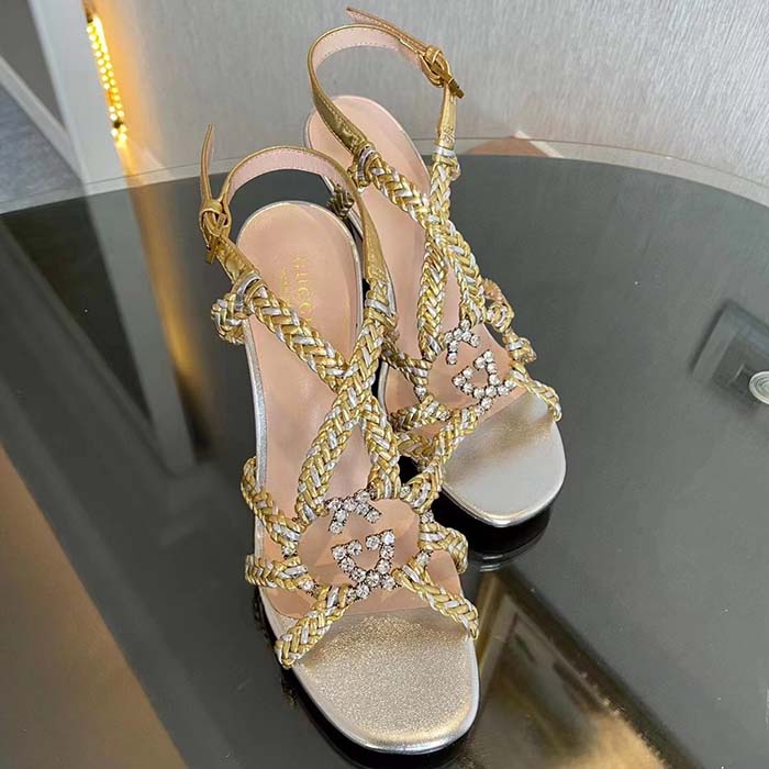 Gucci Women GG Nojum High Heel Sandal Metallic Platinum Silver Braided Leather 9 CM