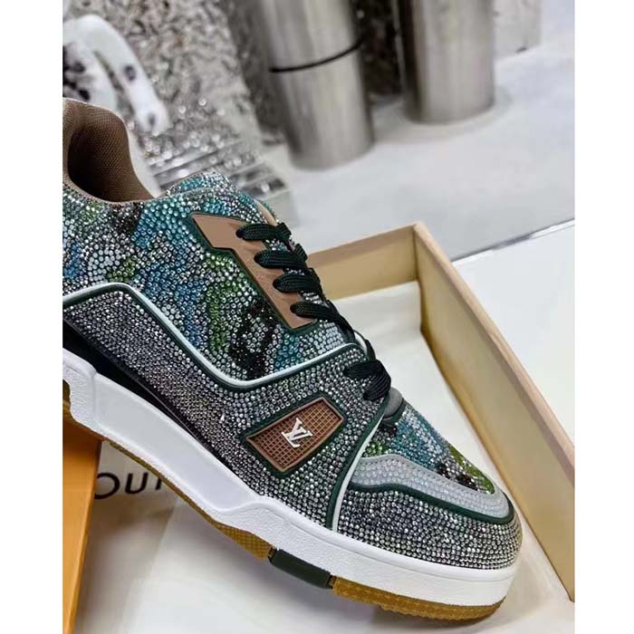 Louis Vuitton LV Unisex Trainer Sneaker Khaki Green Strass Rubber Monogram Flowers