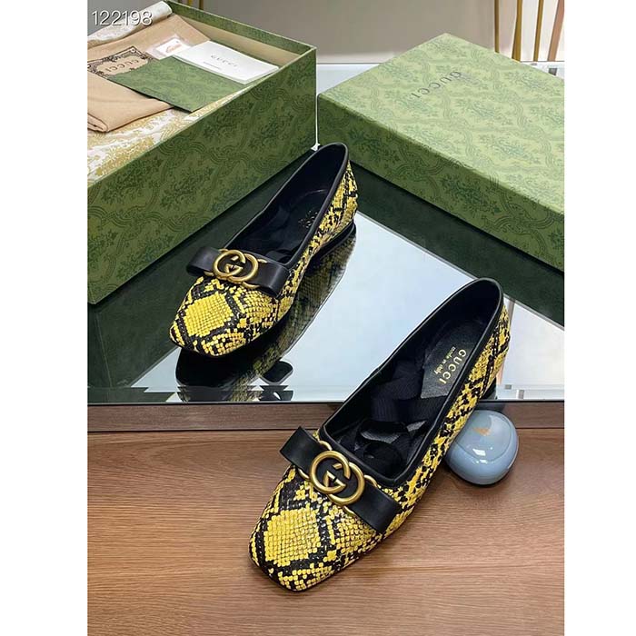 Gucci Women GG Python Ballet Flat Yellow Black Leather Interlocking G Black Leather Bow