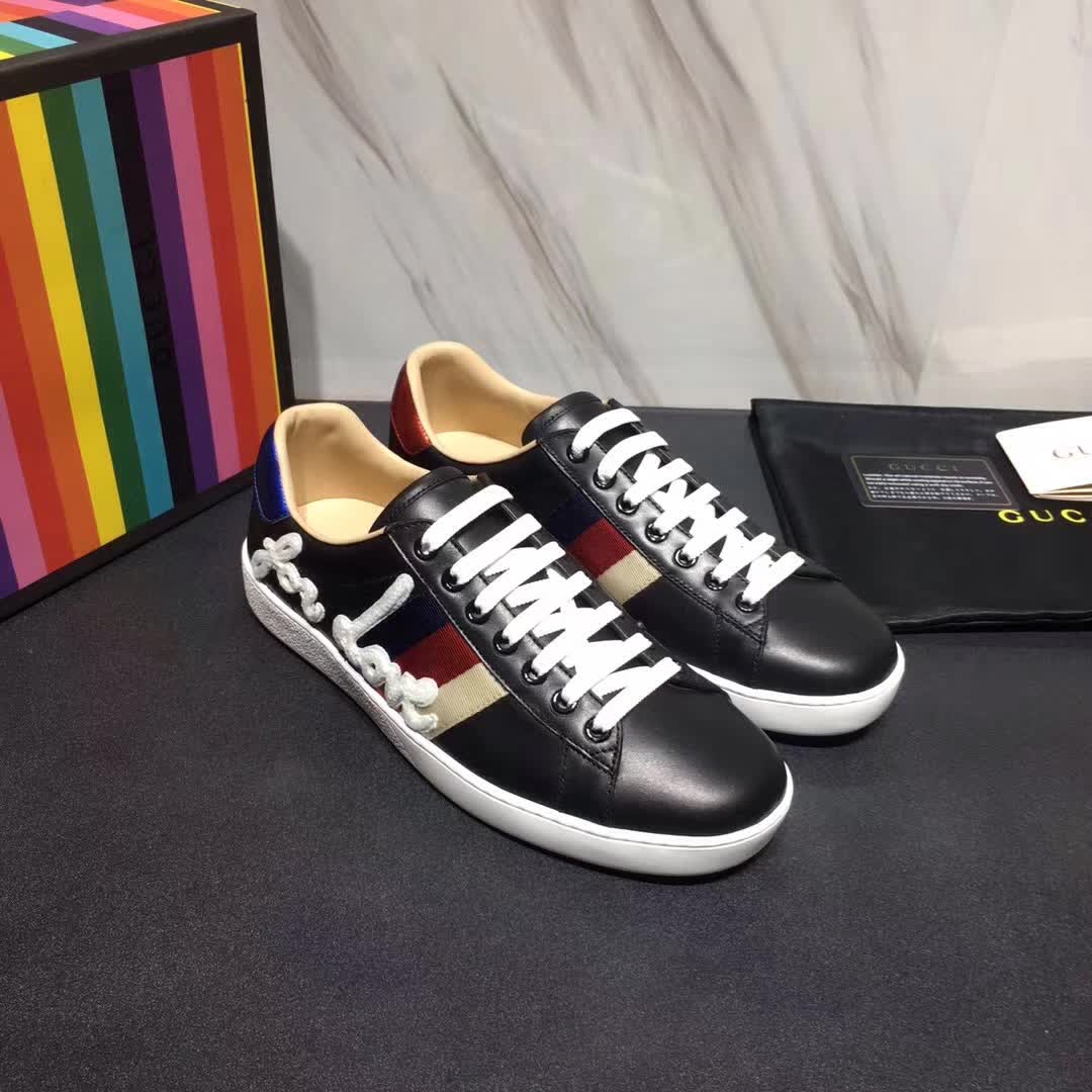 Gucci Men Ace Embroidered Sneaker Shoes in Leather with Sylvie Web-Black