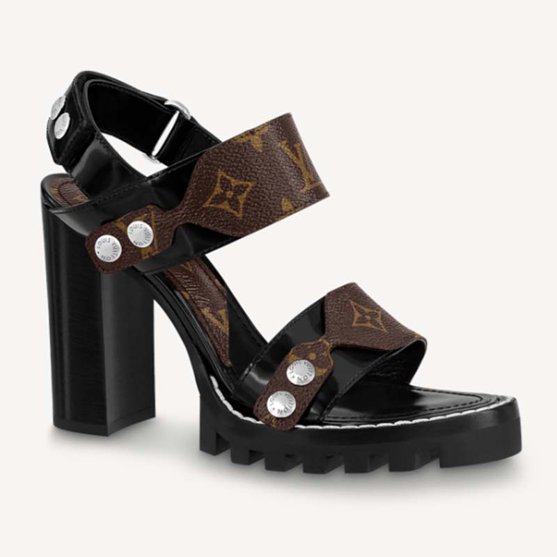 Louis Vuitton LV Women Star Trail Sandal Black Calf Leather Patent Monogram Canvas 9.5 cm Heel