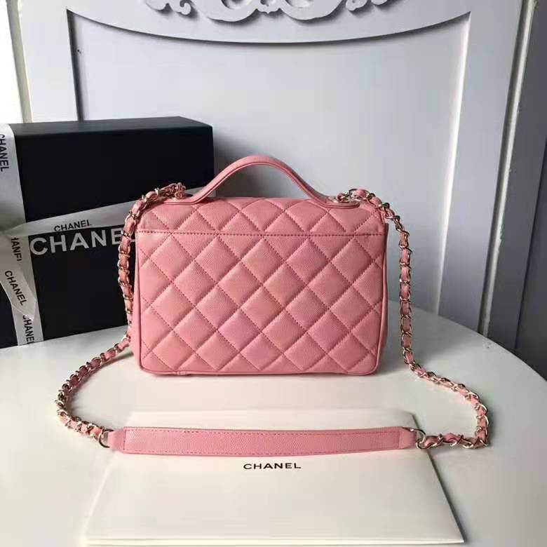 Chanel Women Flap Bag with Top Handle in Grained Calfskin Leather-Pink