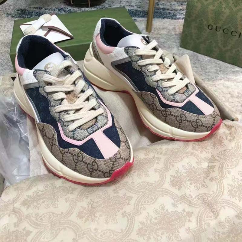 Gucci Women GG Rhyton Sneaker Beige Ebony Blue Supreme Canvas Low 4 cm Heel