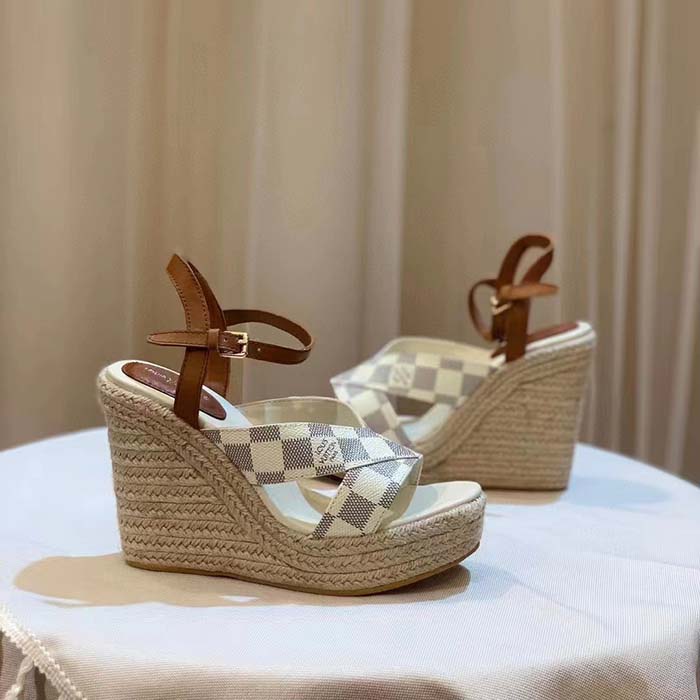 Louis Vuitton LV Women Starboard Wedge Sandal Natural Damier Azur Canvas Calf Leather