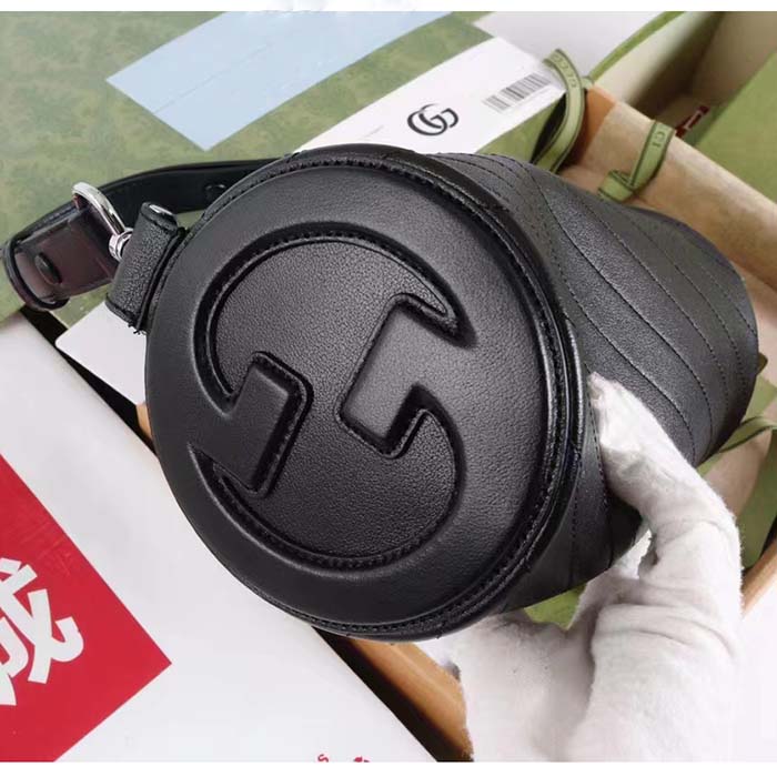 Gucci Women GG Blondie Small Shoulder Bag Round Interlocking G Black Leather