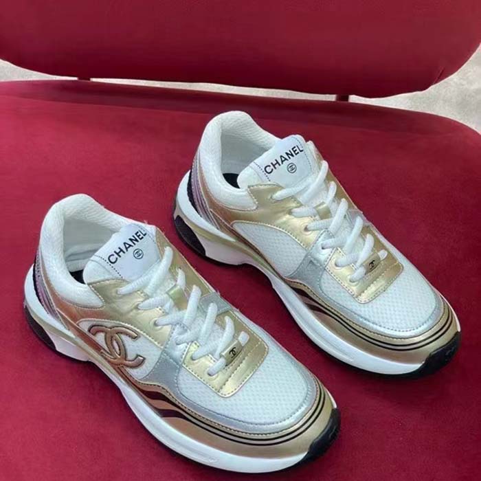 Chanel Women CC Sneakers Fabric Laminated White Gold Silver 1 Cm Heel