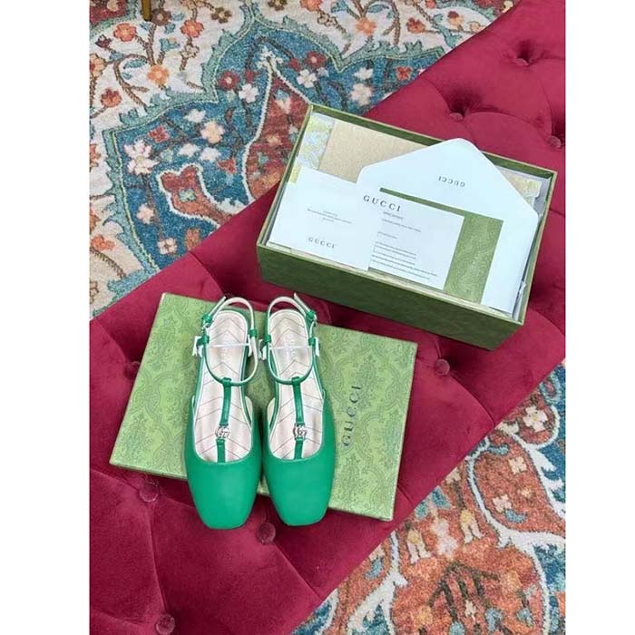 Gucci Women GG Double G Ballet Flat Light Green Leather Square Toe 1.5 CM Heel
