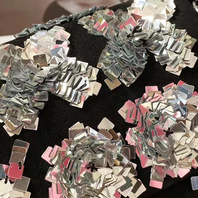 Chanel Women CC Classic Handbag Embroidered Velvet Sequins Silver-Tone Metal Black Silver