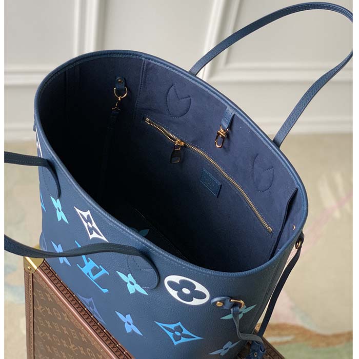 Louis Vuitton LV Unisex Neverfull MM Gradient Blue Monogram Empreinte Embossed Cowhide Leather