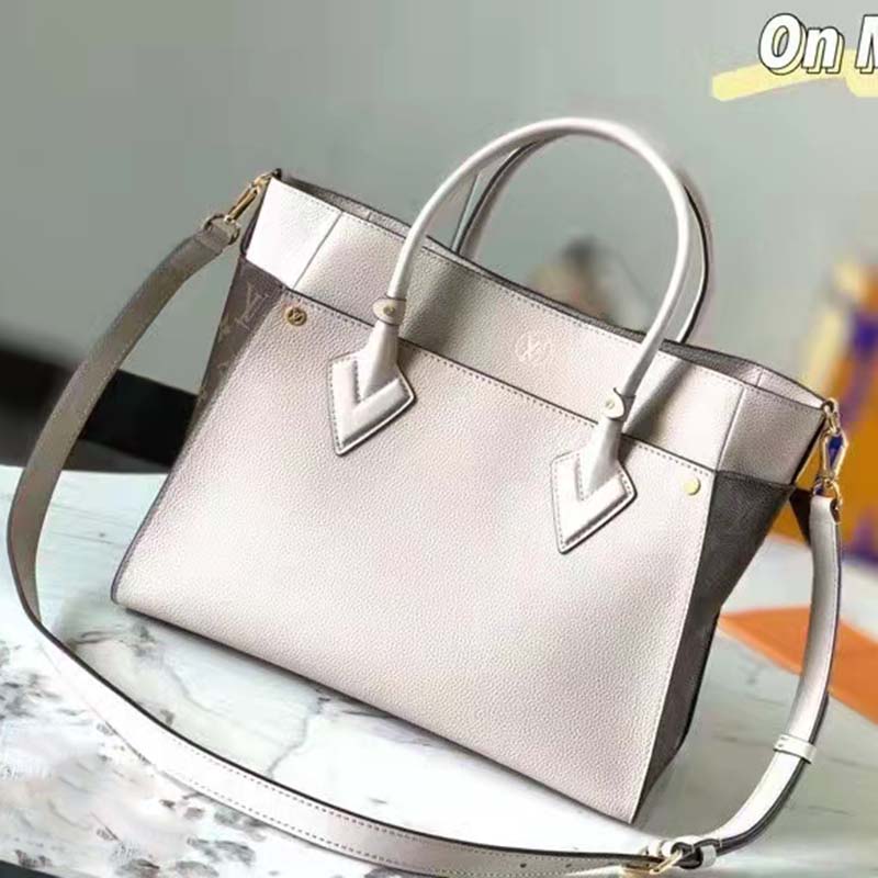 Louis Vuitton LV Women On My Side MM Tote Greige Calfskin Monogram Canvas