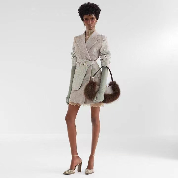 Fendi Women FF O’Lock Swing Brown Houndstooth Wool Fox Fur Pouch