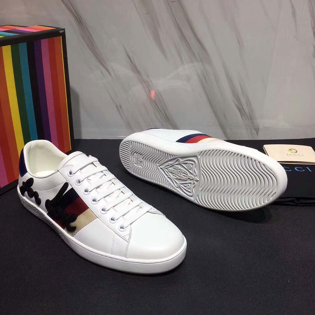 Gucci Men Ace Embroidered Sneaker Shoes in Leather with Sylvie Web-White