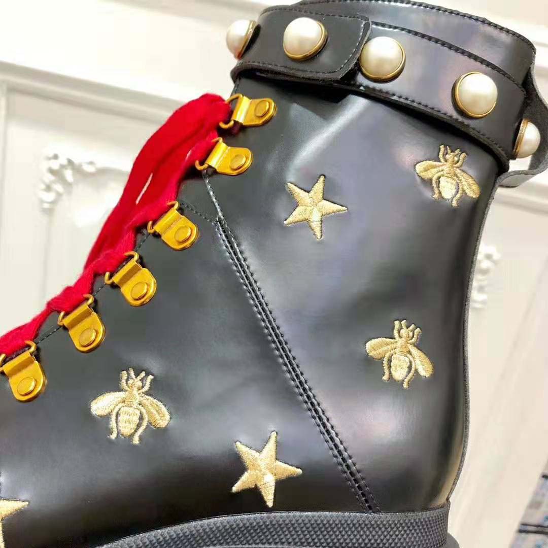 Gucci Women Gucci Leather Embroidered Ankle Boot in Black Leather 8.9 cm-Red