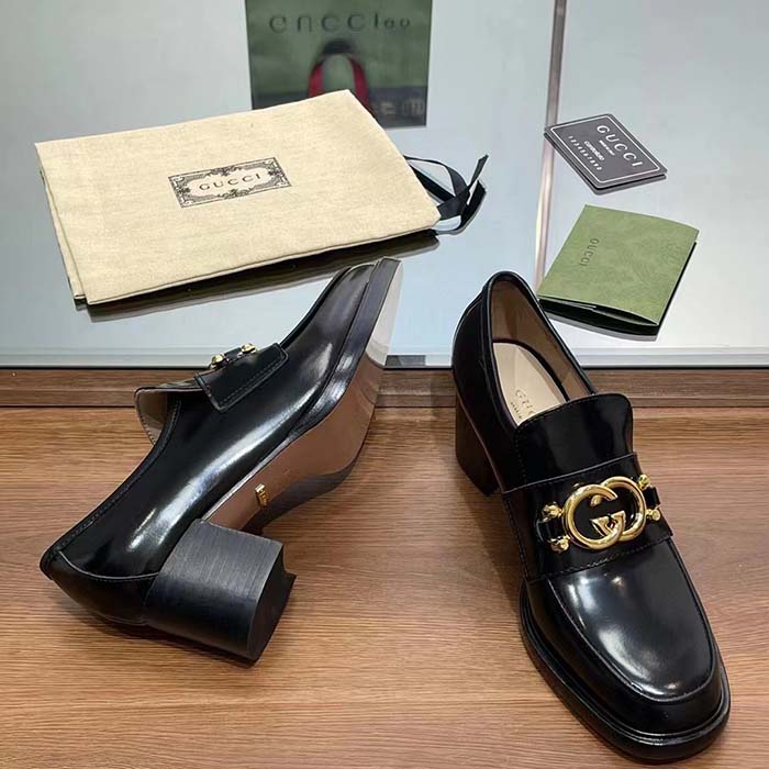 Gucci Women GG Loafer Interlocking G Shiny Black Leather Mid 6 Cm Heel