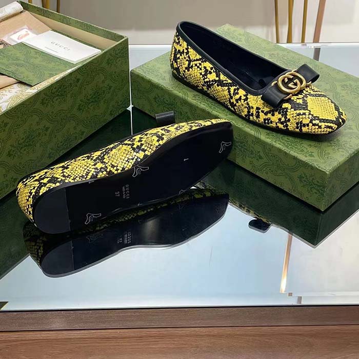 Gucci Women GG Python Ballet Flat Yellow Black Leather Interlocking G Black Leather Bow