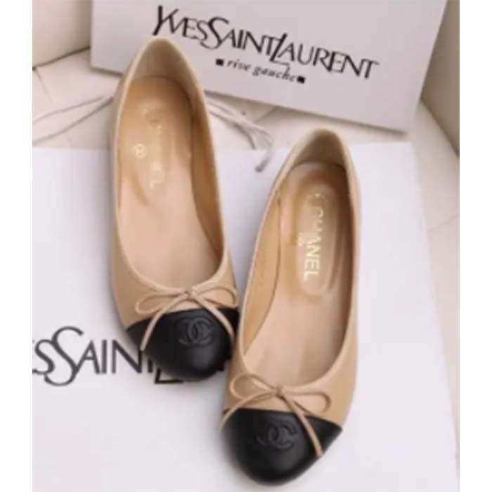 Chanel Women Ballerina Calfskin Leather Sandy Black Ballet Shoes