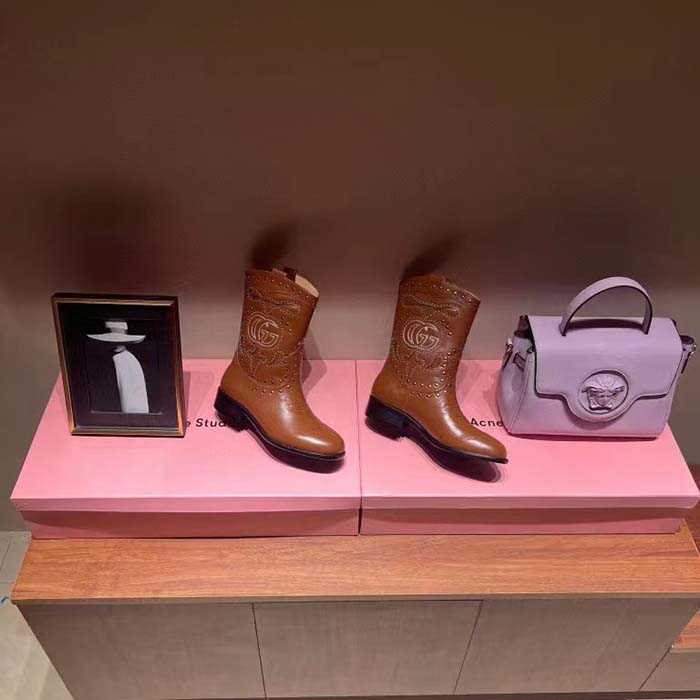 Gucci Women GG Boot Double G Embroidery Studs Brown Leather Low 3.6 CM Heel