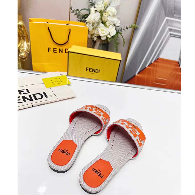 Fendi Women FF Signature Canvas Brown Leather Slides 1 Cm Heel