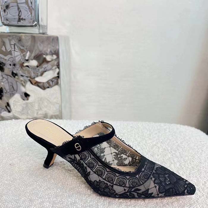 Dior Women Shoes CD Capture Heeled Mule Black Transparent Mesh Suede Embroidered Roses