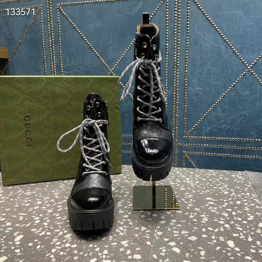 Gucci Women’s Matelassé Lace-Up Boot Black GG Matelassé Leather Low-Heel
