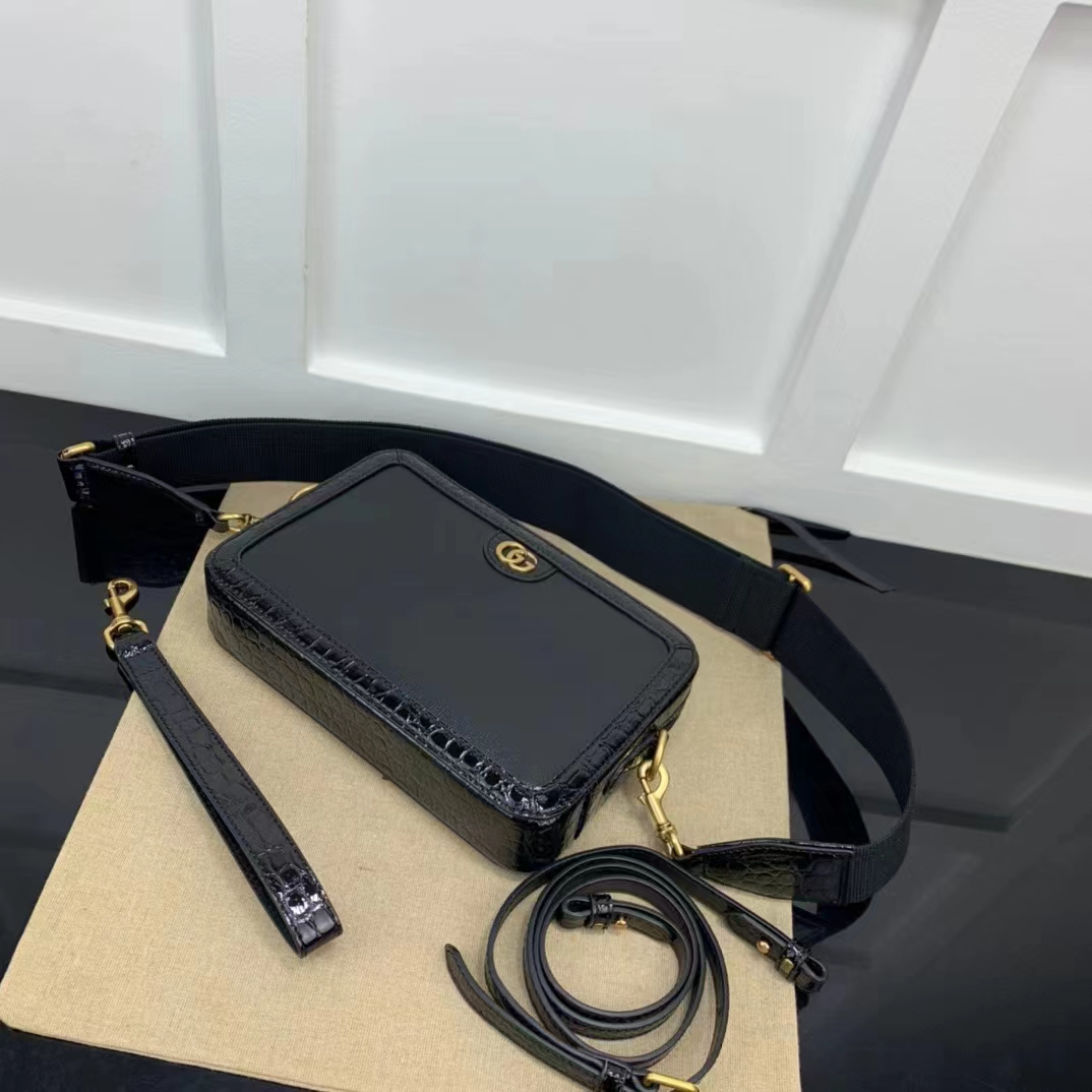 Gucci Unisex GG Python Shoulder Bag Double G Black Leather Crocodile
