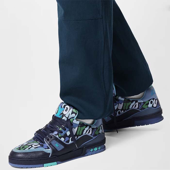 Louis Vuitton Unisex LV x YK LV Trainer Sneaker Navy Blue Camouflage-Printed Canvas Grained Calf