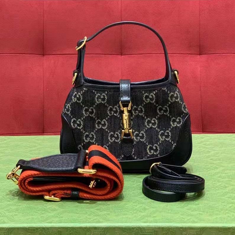 Gucci Women Jackie 1961 Mini Shoulder Bag Black Ivory GG Denim Jacquard