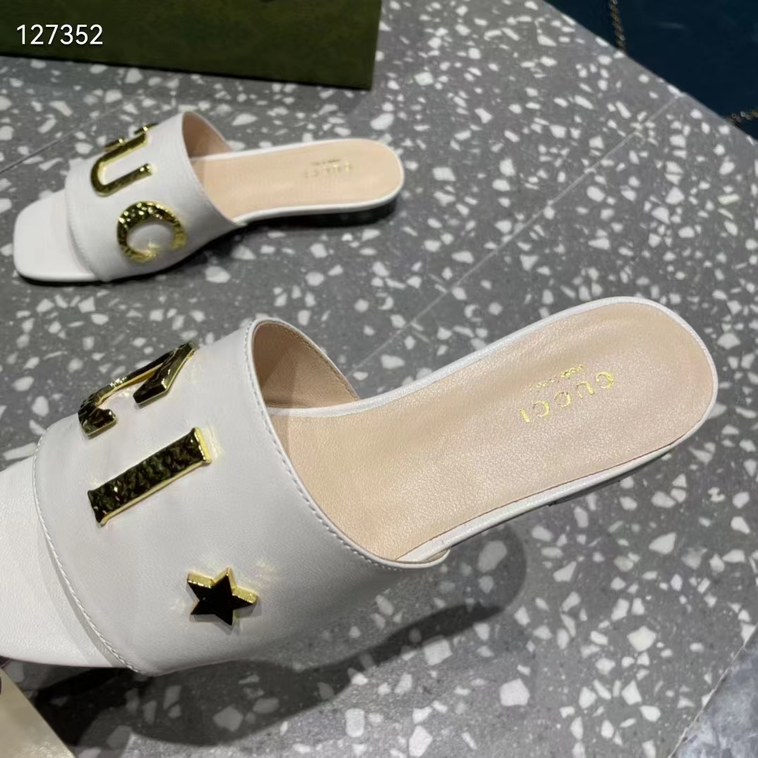 Gucci Women GG Slide Sandal White Leather Textured Logo Star Flat 1 Cm Heel