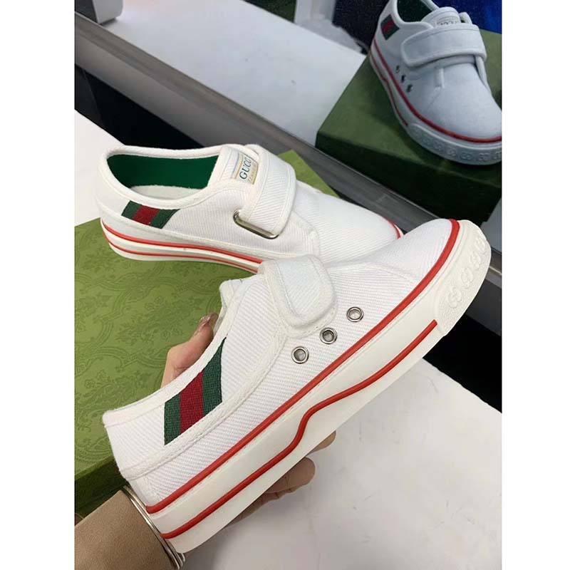 Gucci Unisex GG Tennis 1977 Sneaker White Leather Rubber Sole Velcro Closure Flat