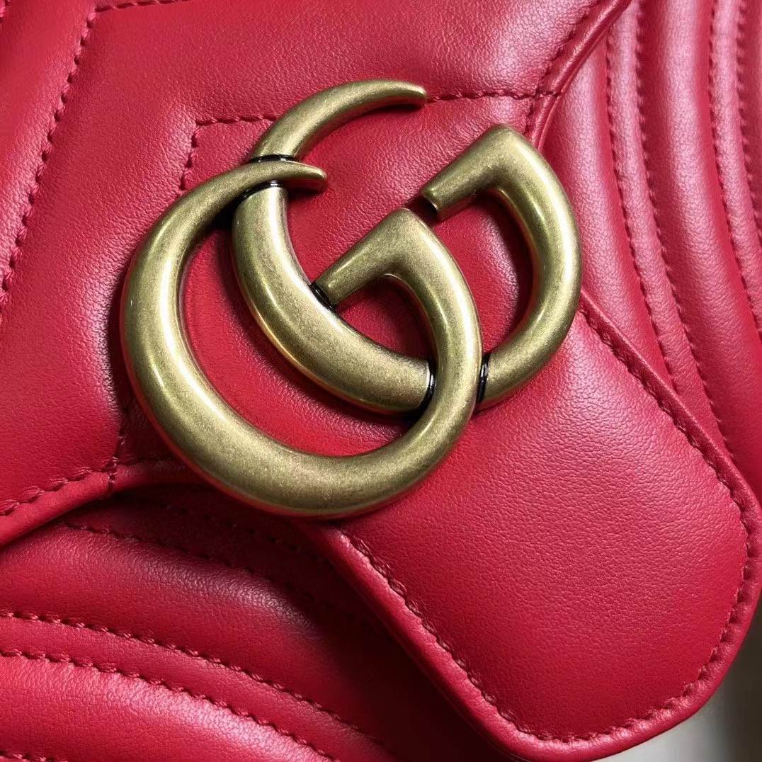 Gucci Women GG Marmont Small Shoulder Bag Red Matelassé Chevron Leather Double G