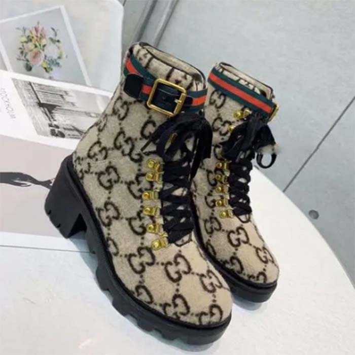 Gucci Women Gucci Zumi GG Wool Ankle Boot Beige Ebony GG Wool