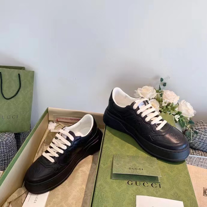 Gucci Unisex Ace GG Embossed Sneaker Black GG Embossed Leather Rubber Sole