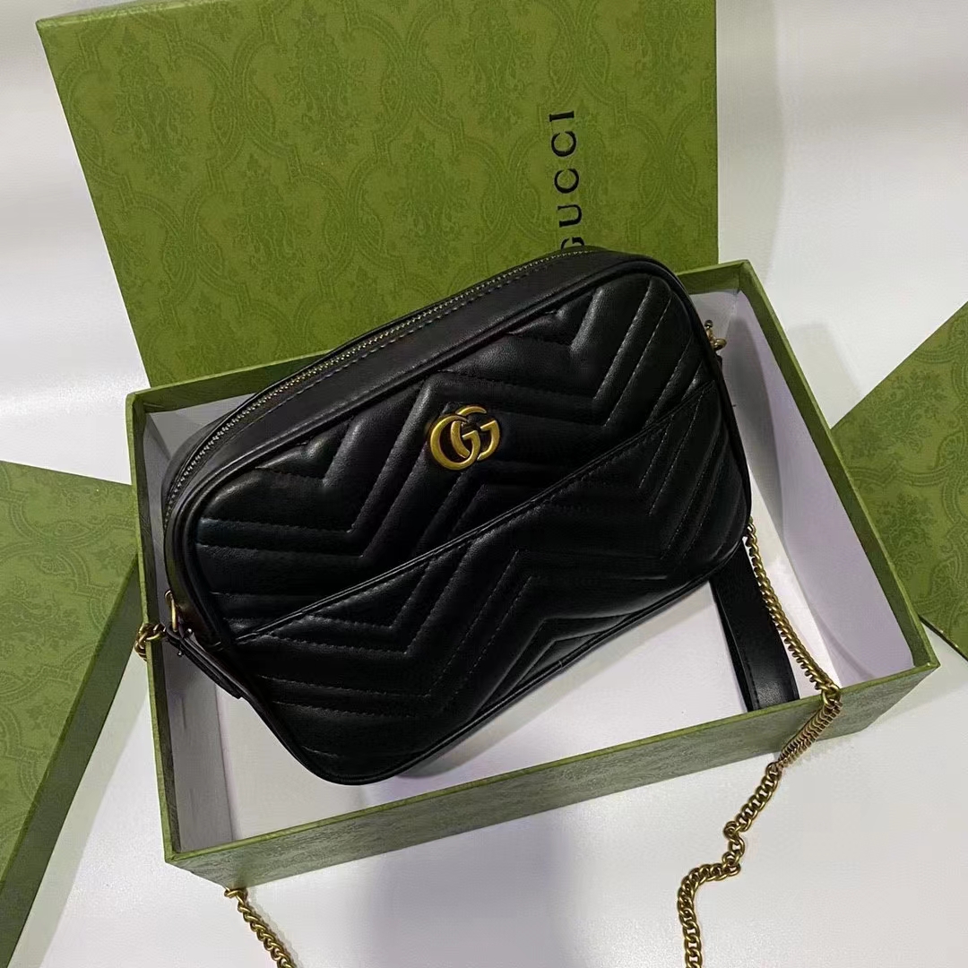 Gucci Women GG Double G Multi-Use Mini Bag Black Pink White Chevron Matelassé Leather