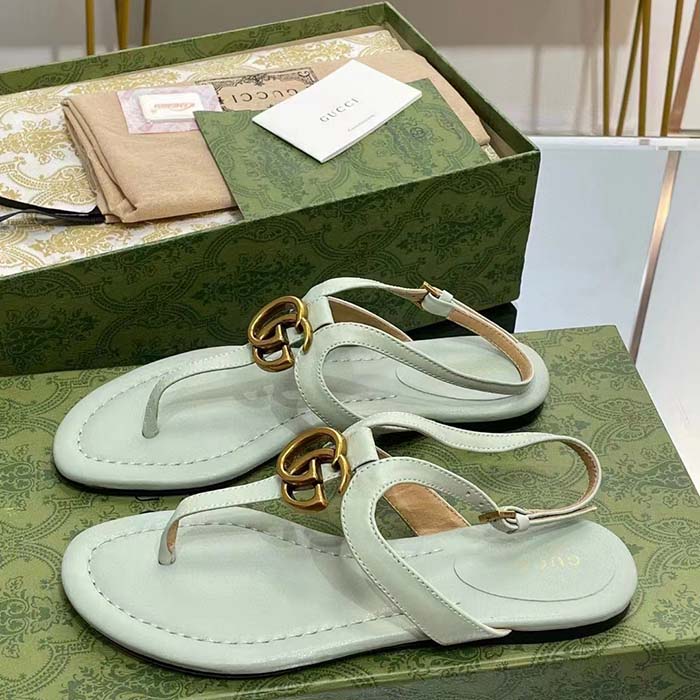 Gucci Women GG Double G Thong Sandal Light Green Leather Flat 0.5 CM Heel