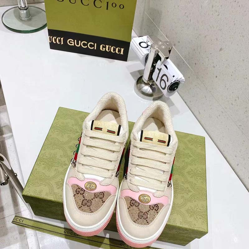 Gucci Unisex Screener Sneaker Crystals Beige Ebony GG Canvas 3.6 cm Heel