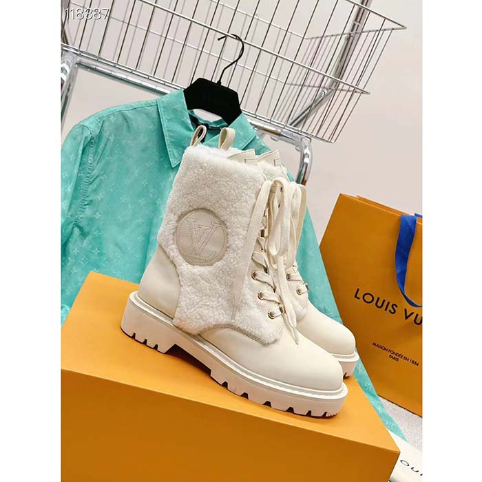 Louis Vuitton LV Women Territory Flat Ranger Ecru Beige Calf Leather Wool