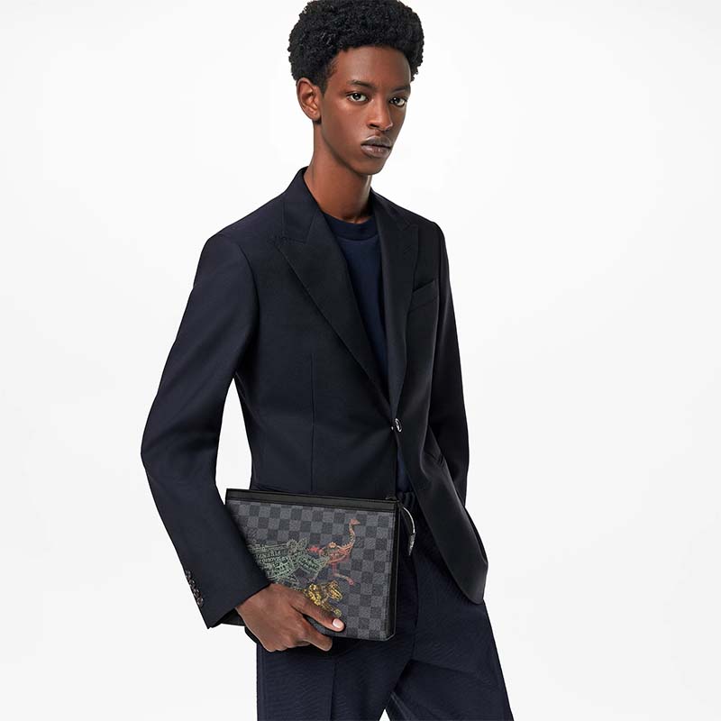 Louis Vuitton LV Unisex Pochette Voyage MM Bag Damier Graphite Stamps Coated Canvas