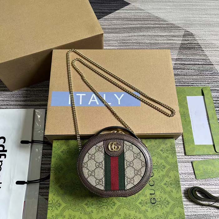 Gucci Women Ophidia Mini Chain Bag Beige Ebony GG Supreme Canvas Brown Leather Double G