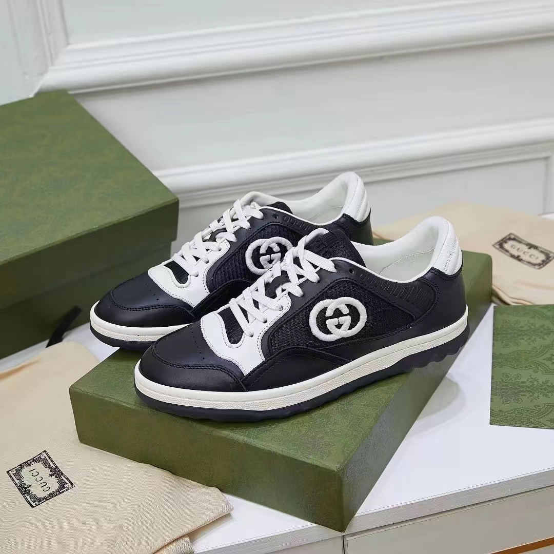 Gucci Unisex GG MAC80 Sneaker Black White Leather Round Toe Rubber Flat