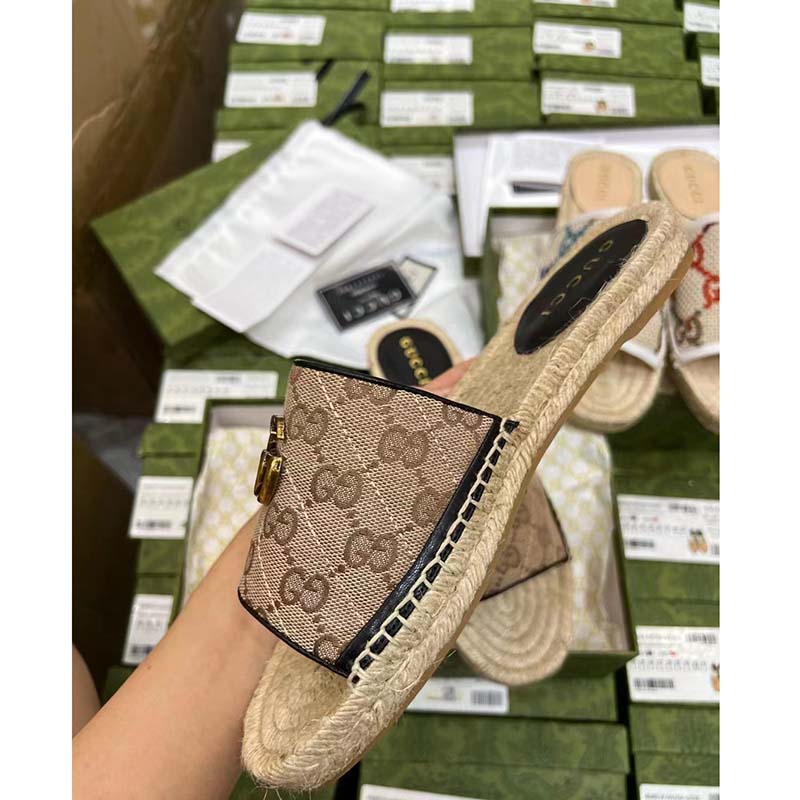 Gucci Unisex GG Matelassé Canvas Espadrille Sandal Beige Ebony 2 Cm Heel