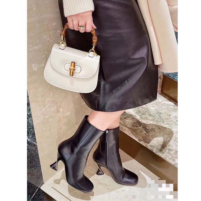 Gucci Women GG Ankle Boot Black Leather Geometric Heel Metal Inserts High-Heel